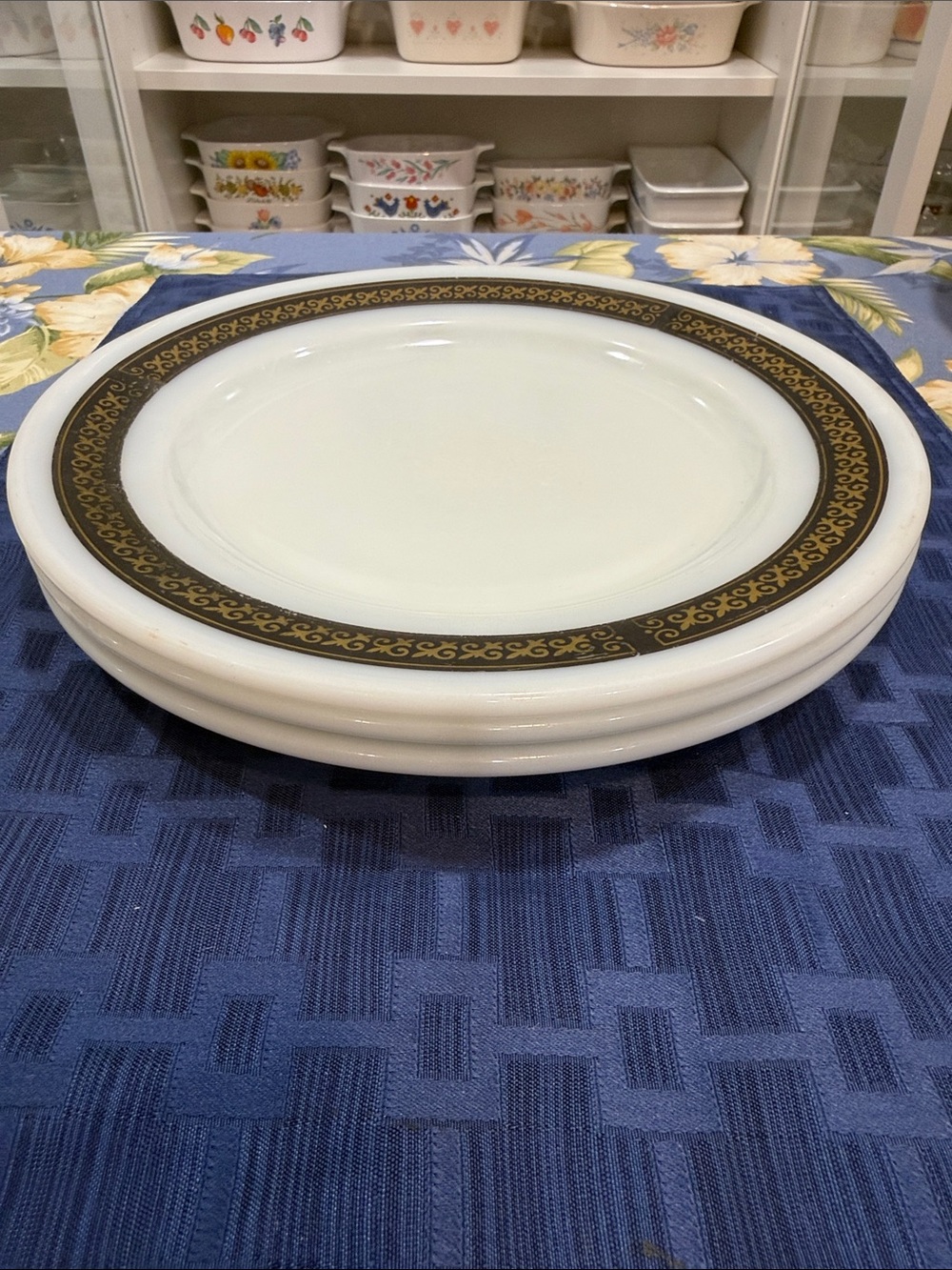 Pyrex White Dinner Plates with Black Band and Gold Scroll Accent - Set of 3